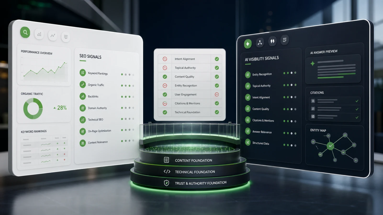 Comparison interface showing SEO signals connected to AI Visibility signals.