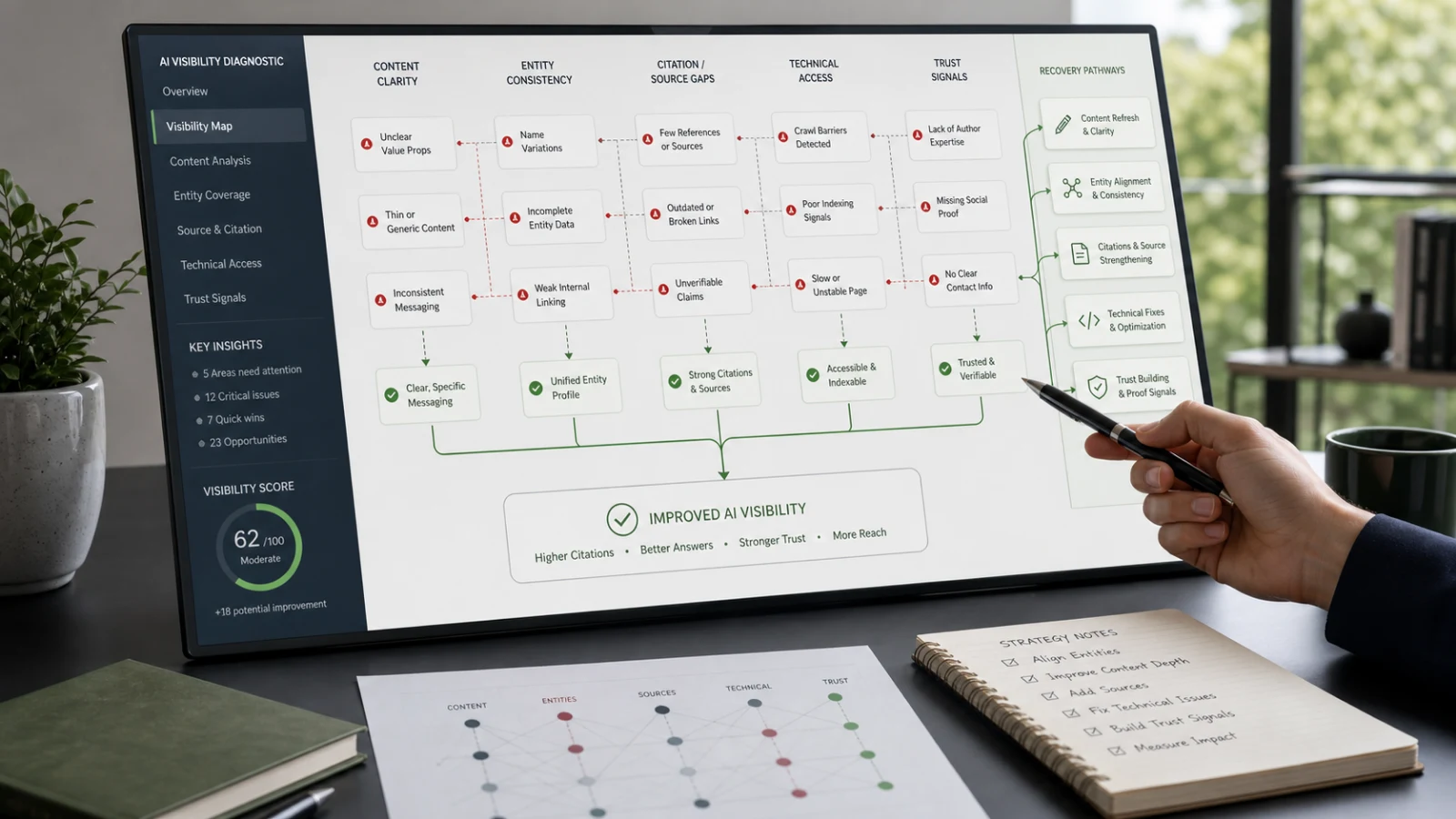 Diagnostic board showing AI Visibility mistakes and recovery paths.