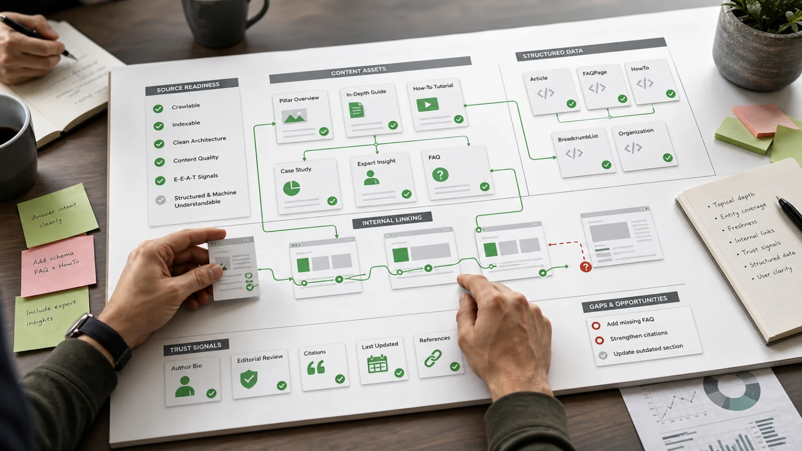 Optimisation board showing AI Visibility improvements across content, structure, and trust signals.
