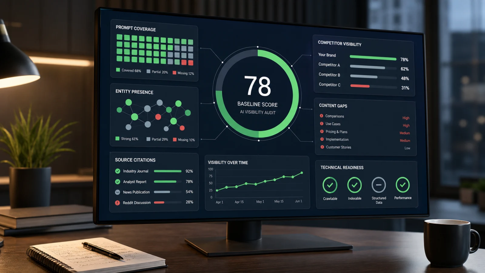 AI Visibility audit workspace showing source gaps and improvement priorities.