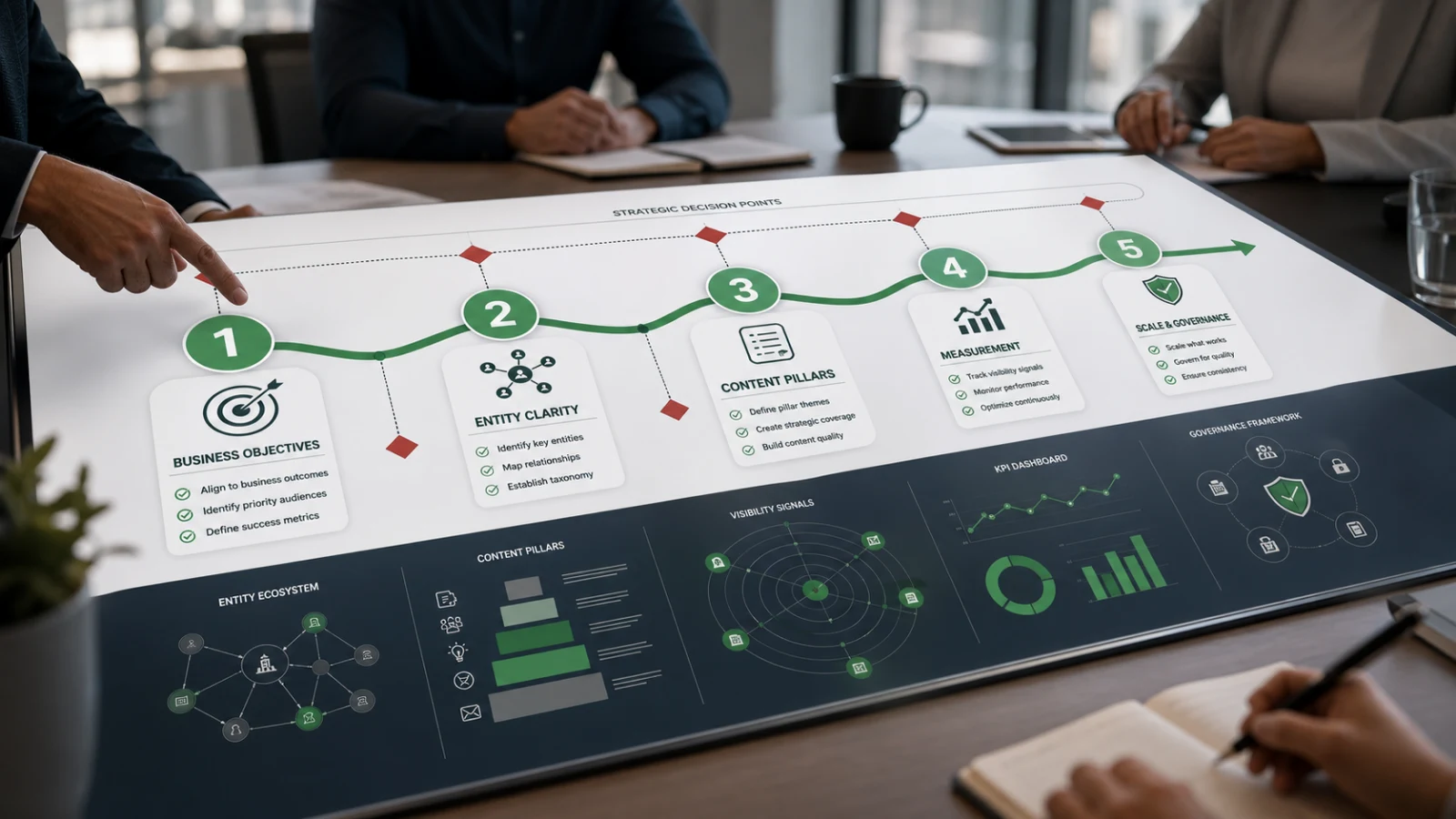 Roadmap planning workspace showing AI Visibility phases, milestones, owners, dependencies, and KPI checkpoints.